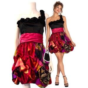 McBling HoCo One Shoulder Bubble Hem Dress NWT Size 13 Satin Rosette Vtg Y2K